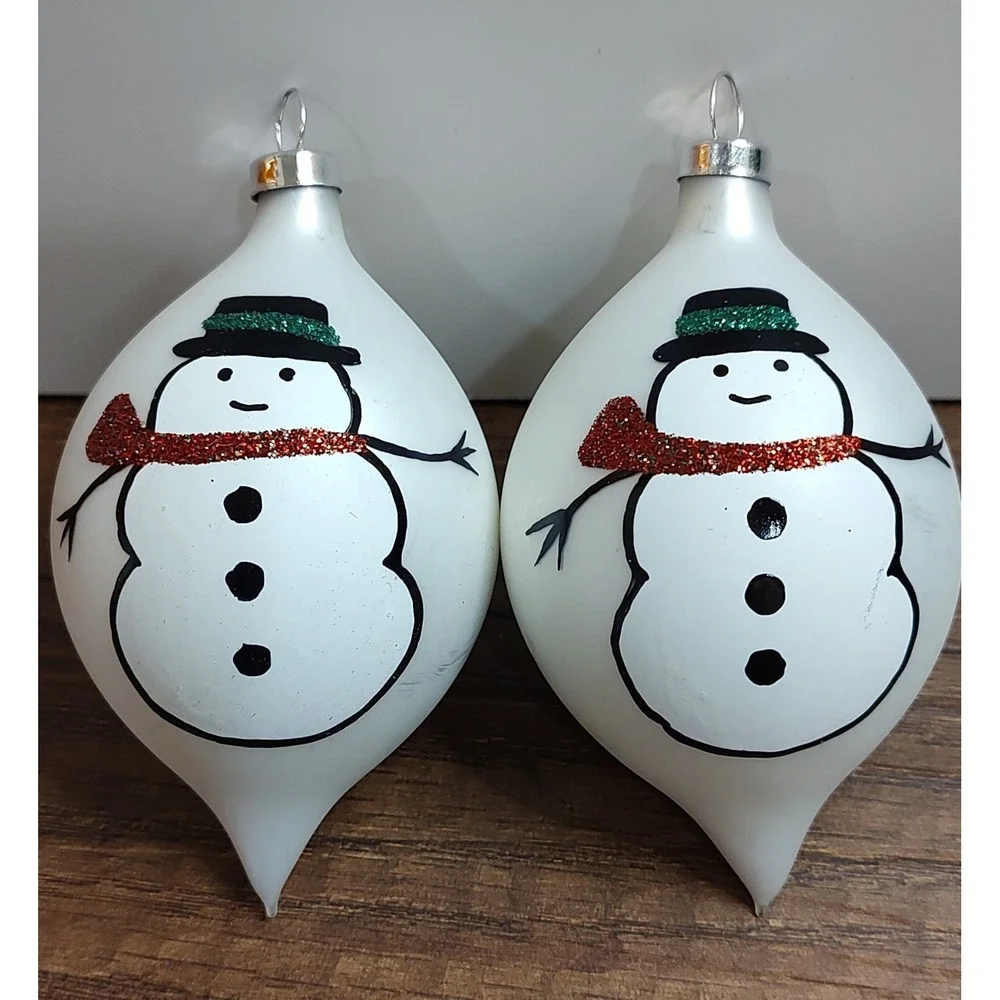 Snowman Christmas Ornament Set Of 2 Hand Painted Vintage Glass Teardrop B3